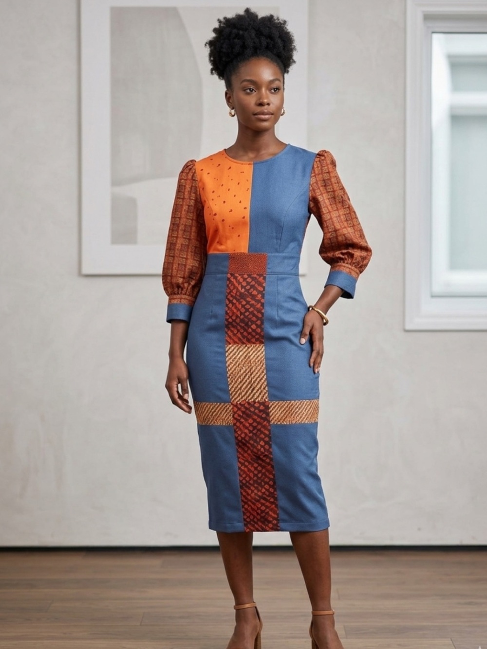 STYLEWE Color Block Midi Dress in Blue & Orange